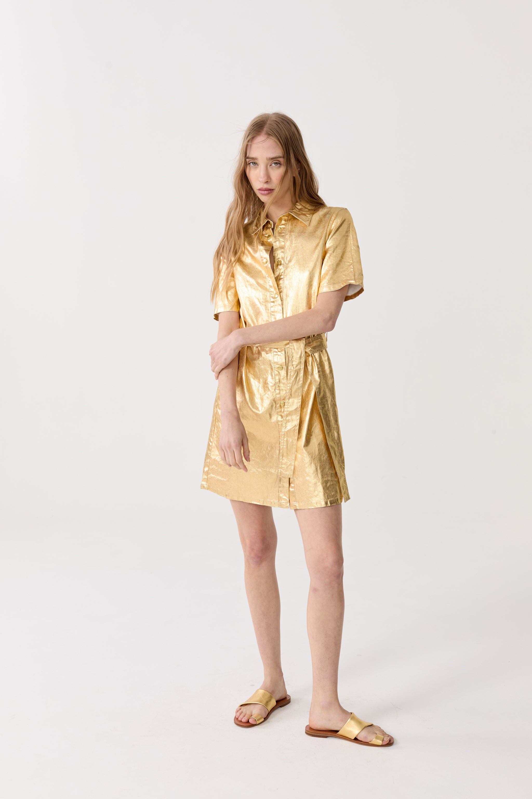 Franca Metallic Linen Dress - Gold ...