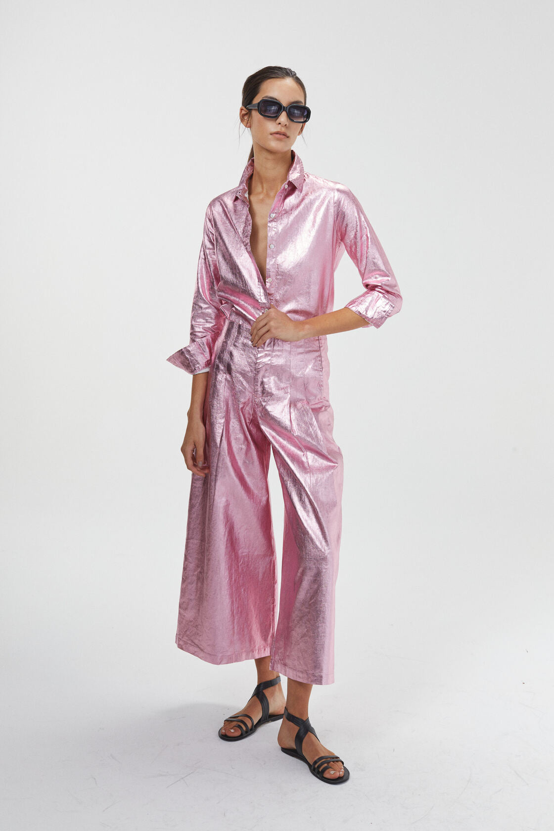 Culotte Metallic Linen Pants - Pink