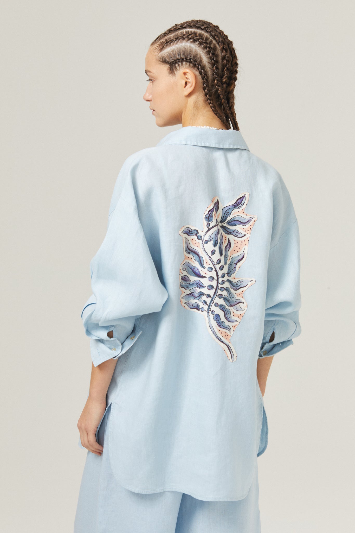 Flora Linen Shirt - Sky Blue with Contrasting Details