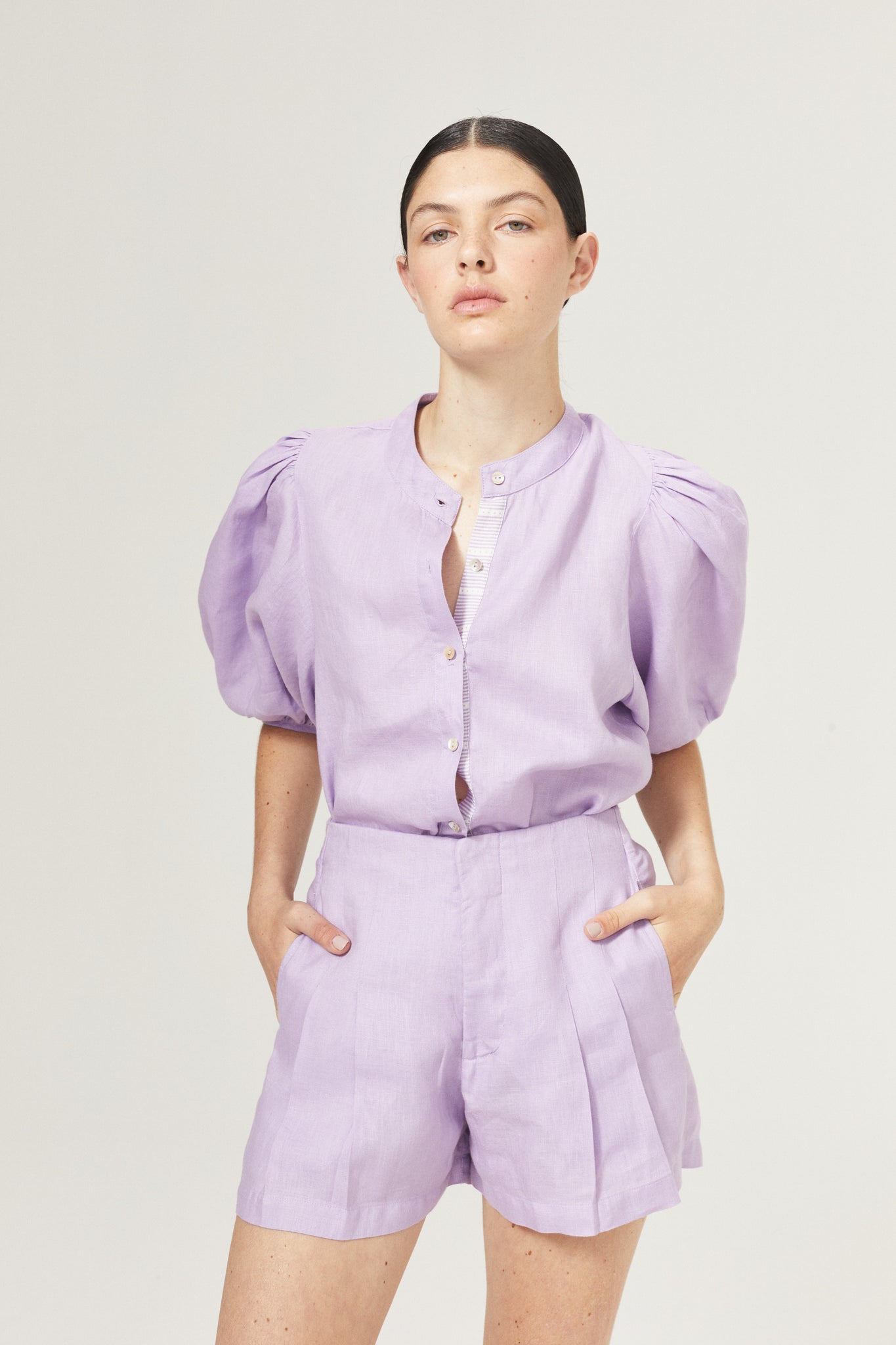 Bubble Linen Shirt - Bright Lilac with Contrasting Details