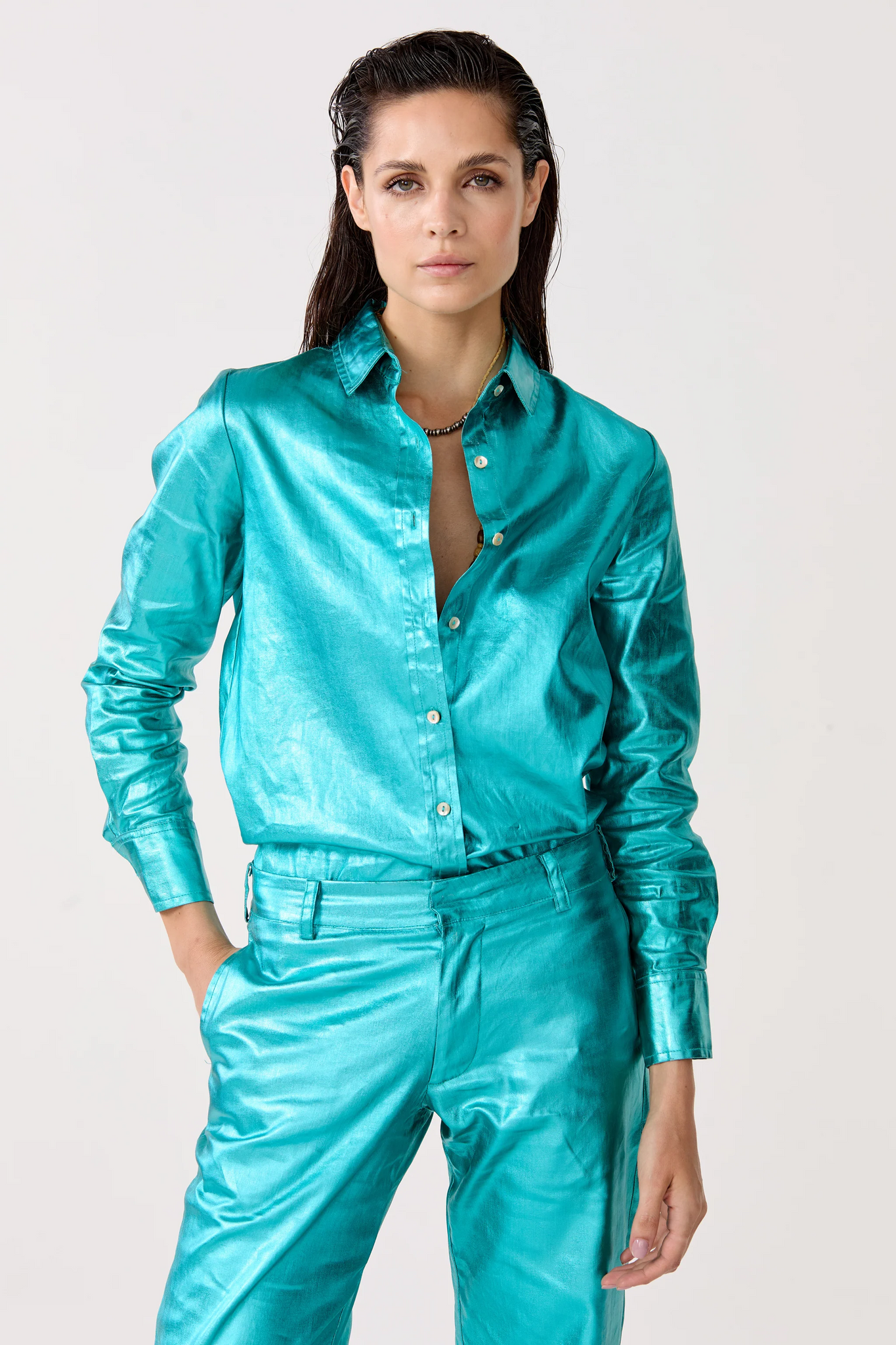 San Marino Metallic Linen Shirt - Turquoise