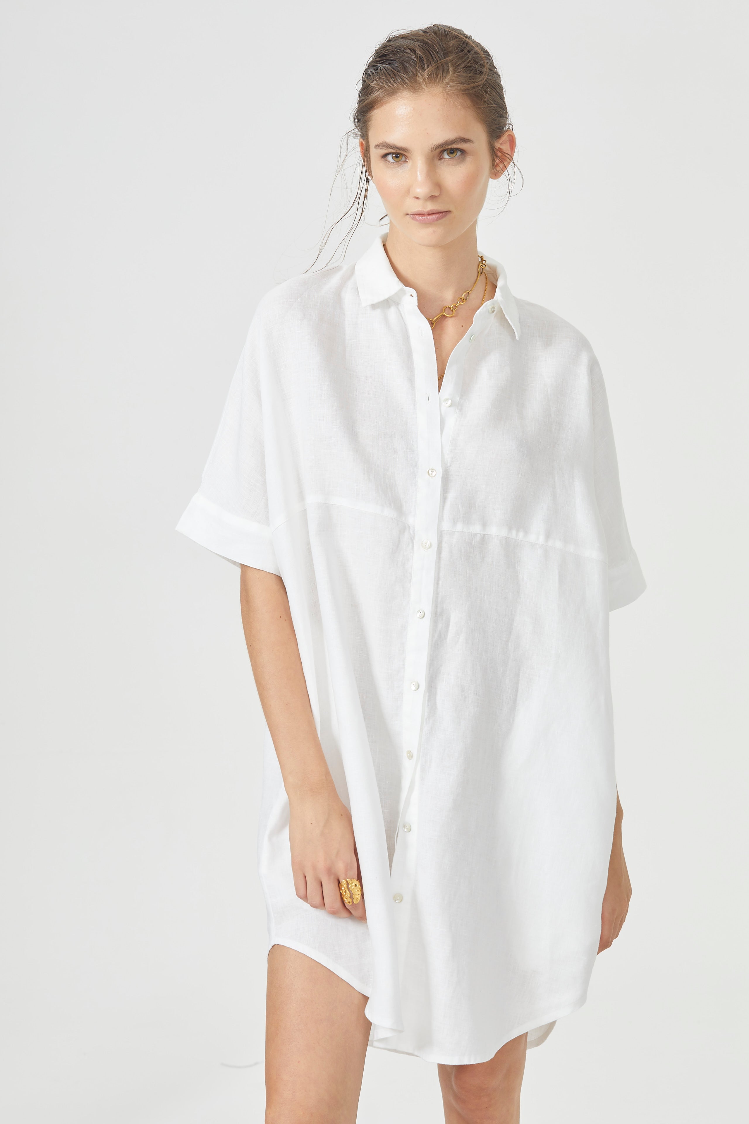 Linen fashion white shirt dress