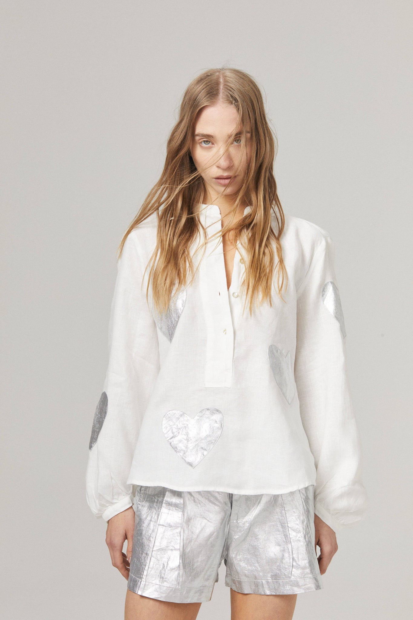 Cupid Linen Shirt - Off-white with Silver Hearts