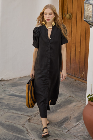 Lanhtropy Athina Midi Linen Dress - Black S / Black Lanhtropy Athina Midi Linen Dress - Black S / Black
