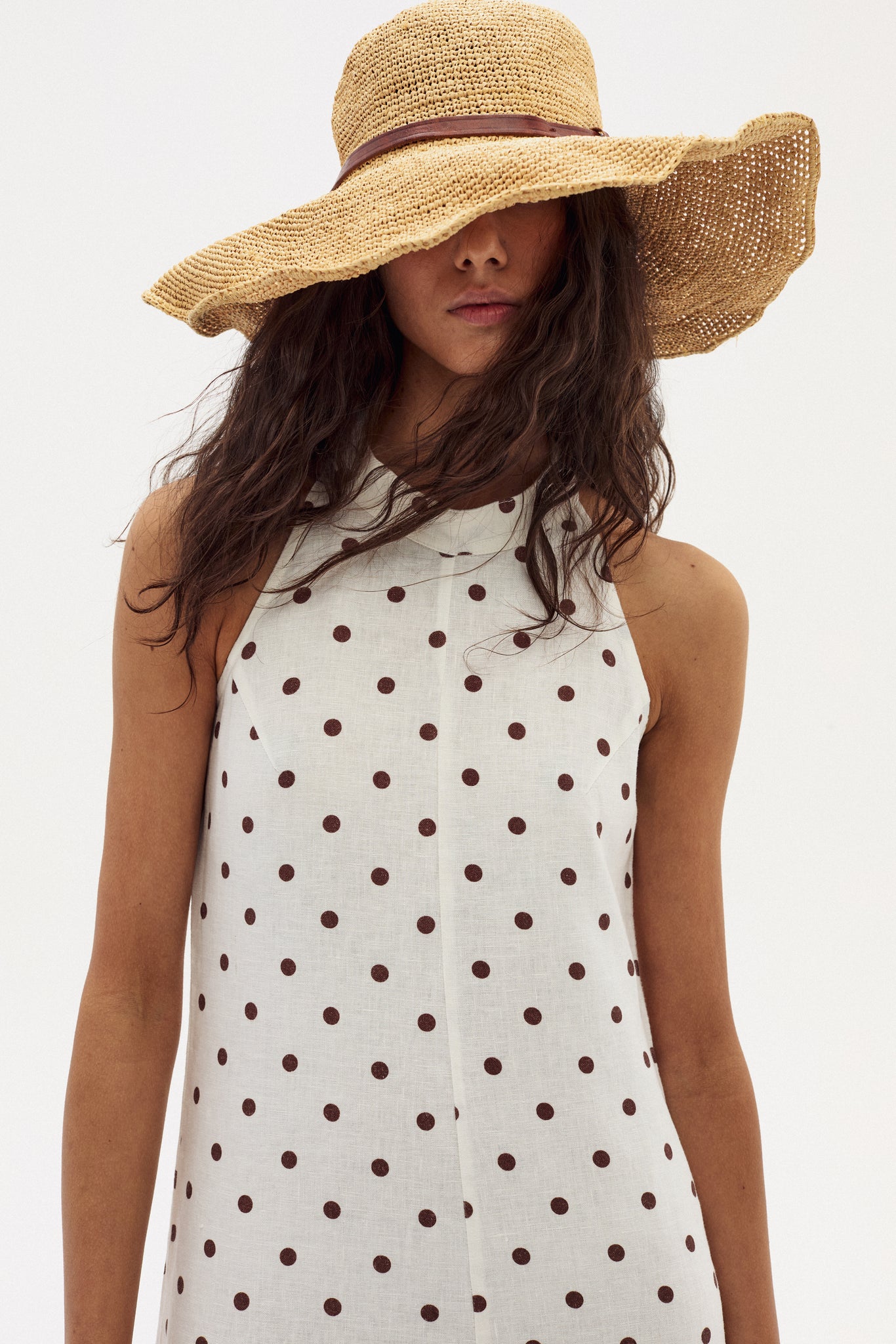 Olivia Linen Top - Brown Polka Dots