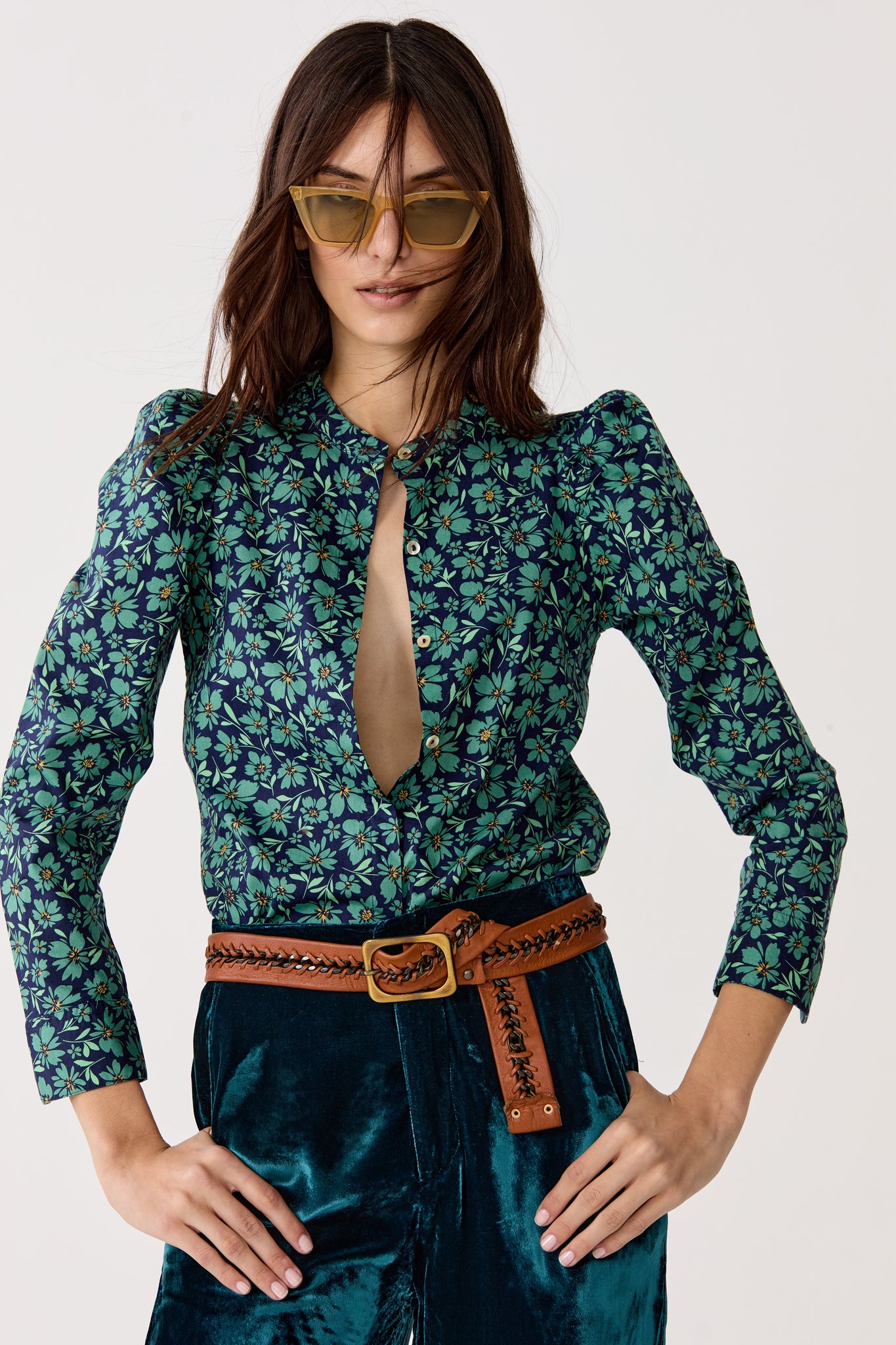 Lilium Poplin Shirt - Green and Blue Ditsy Floral