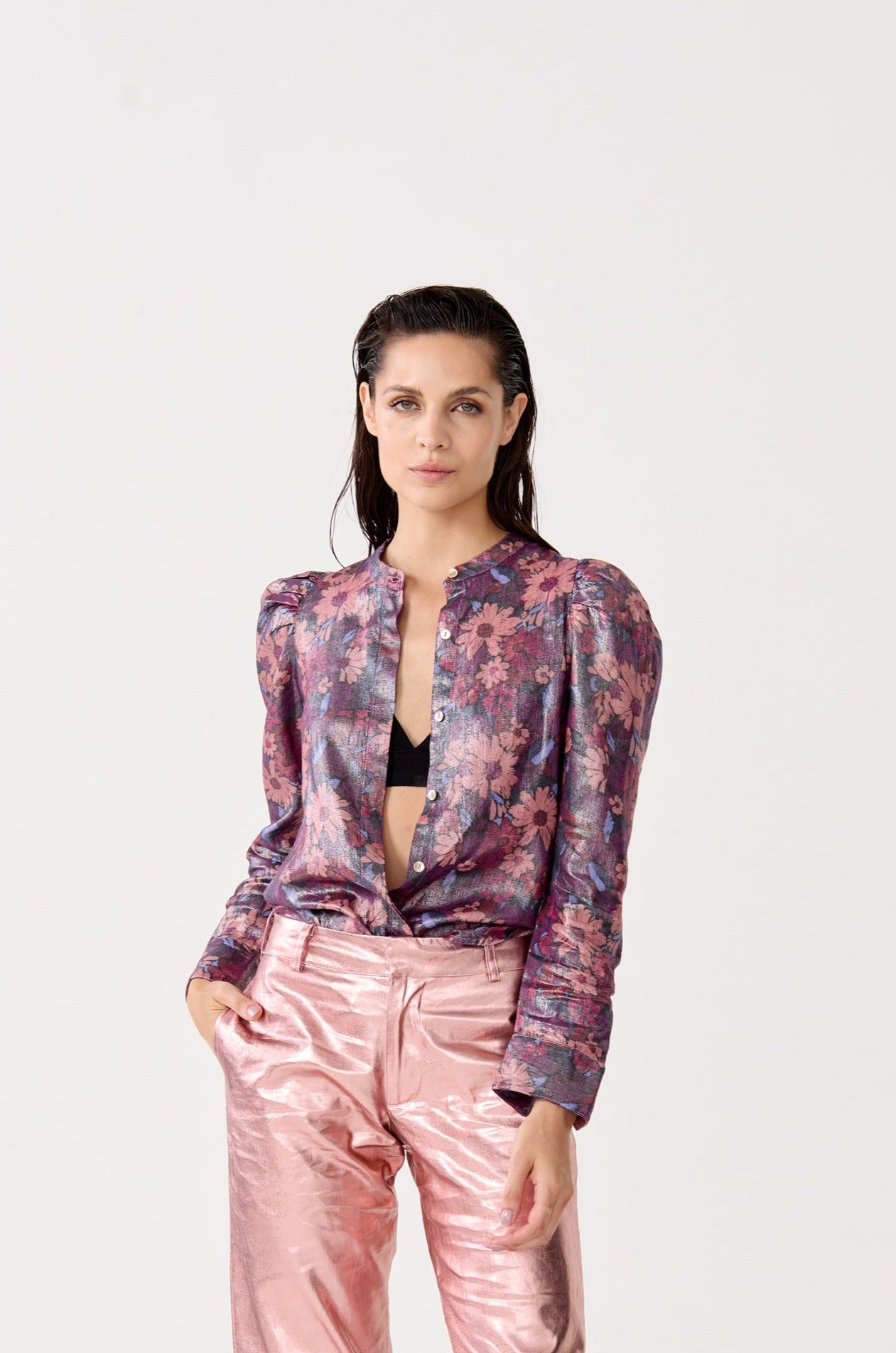 Lilium Metallic Linen Shirt - Gerbera Print