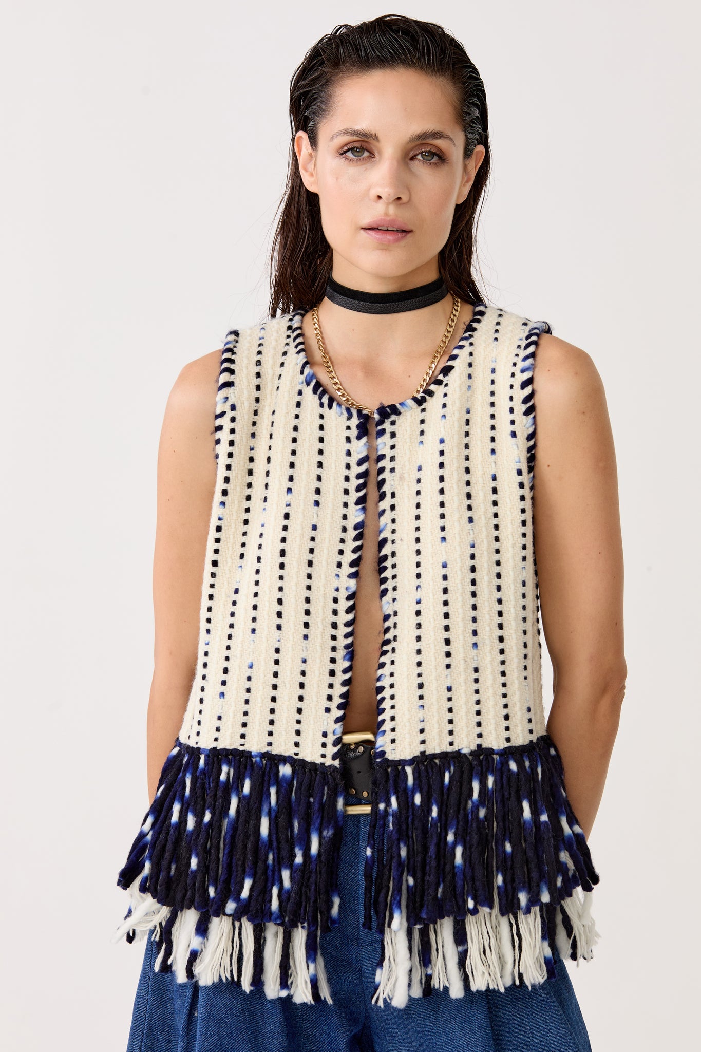 Western Merino Wool Vest - Natural with Navy Blue Fringes