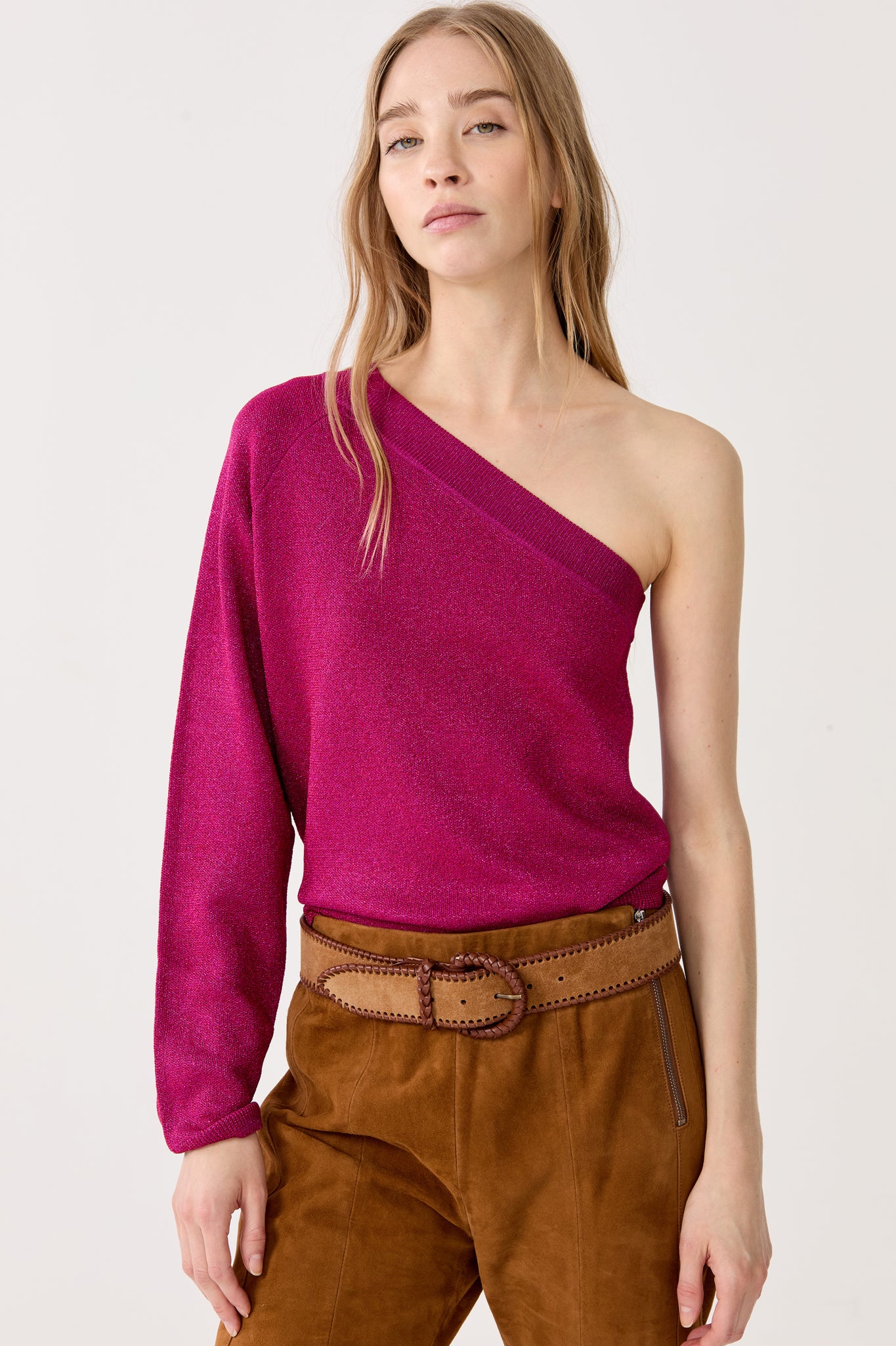 One Shoulder Glitter Knitted Top - Fucsia