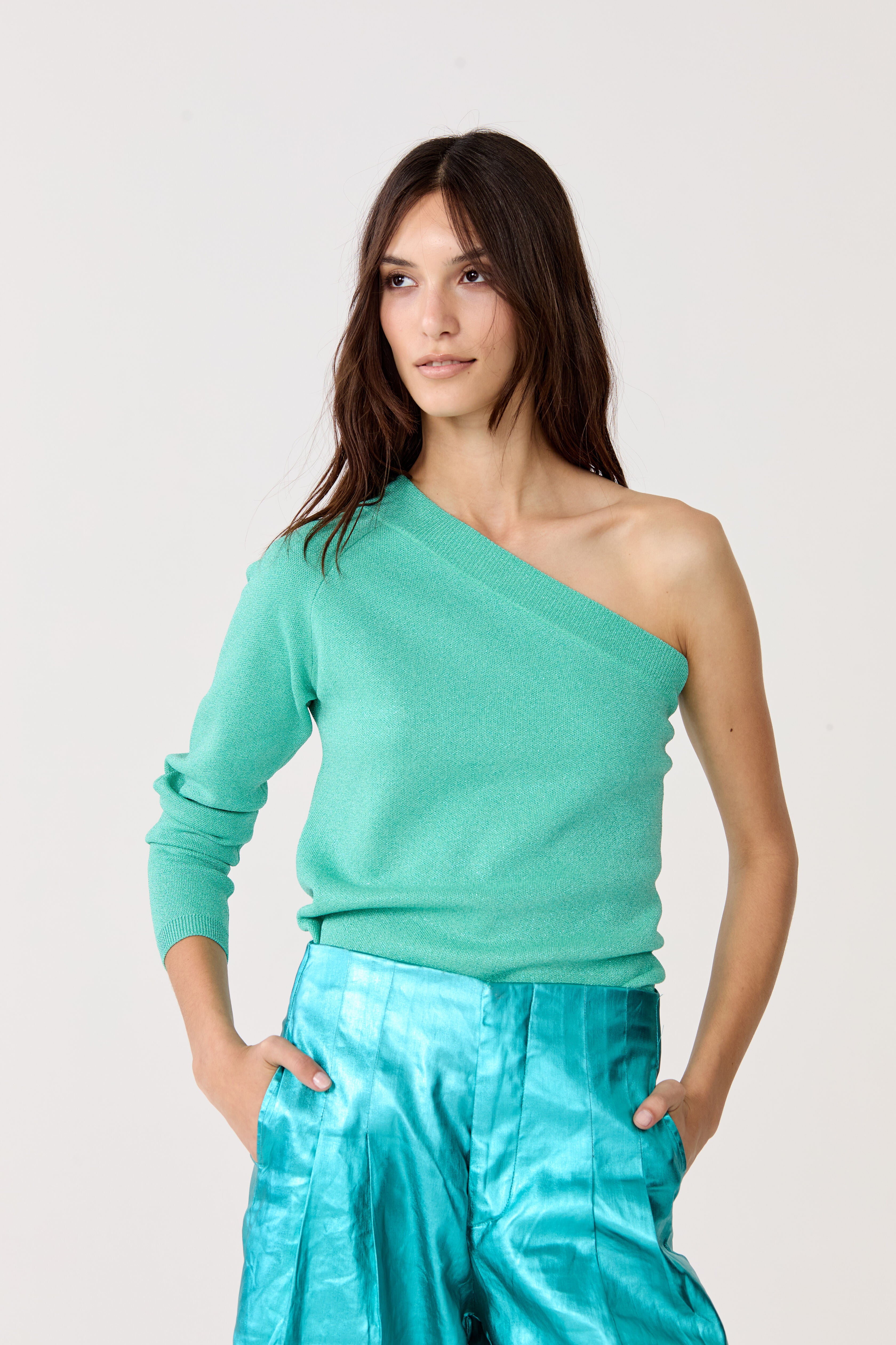One Shoulder Glitter Knitted Top - Turquoise – Lanhtropy