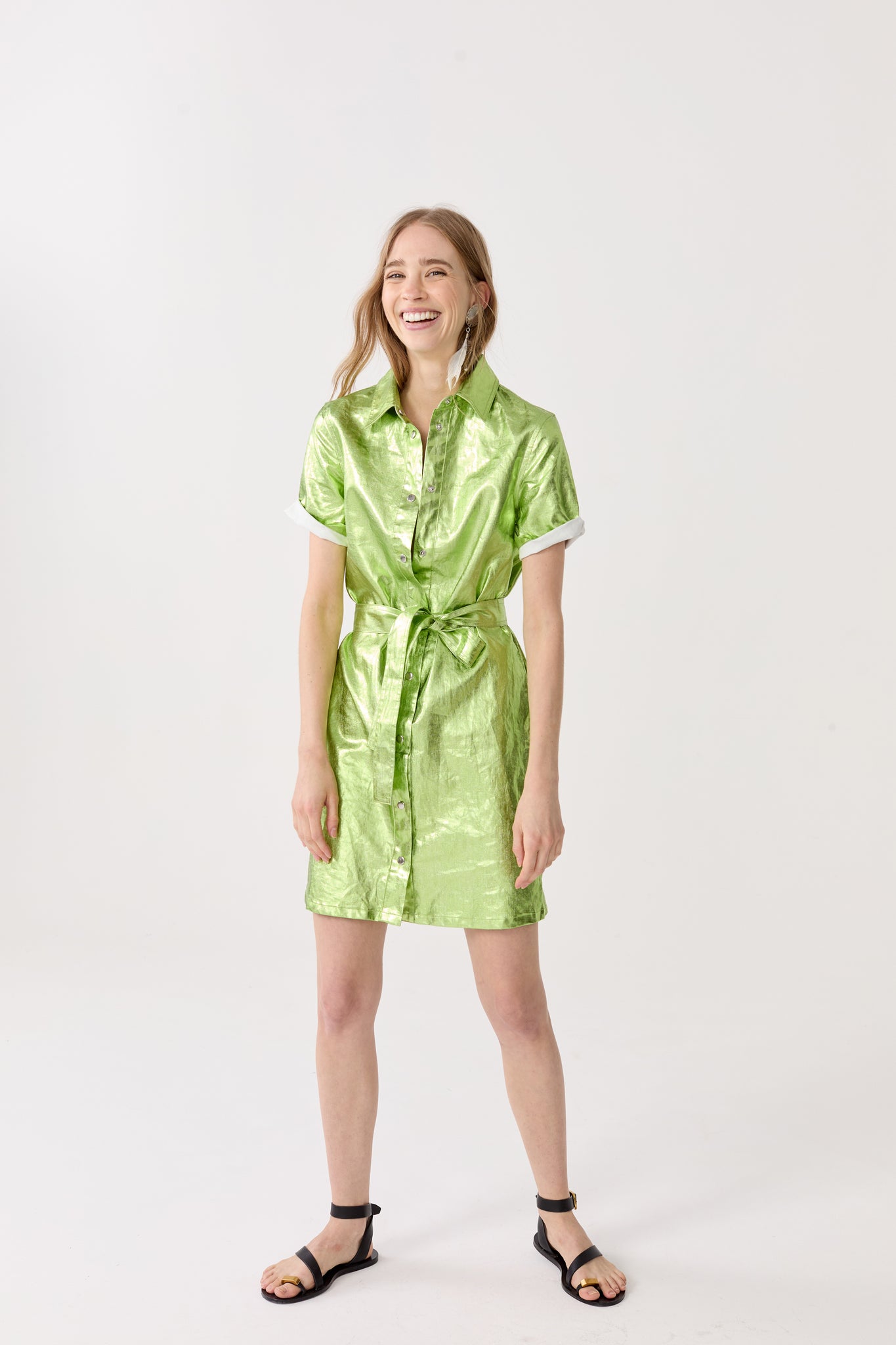 Franca Metallic Linen Dress - Lime