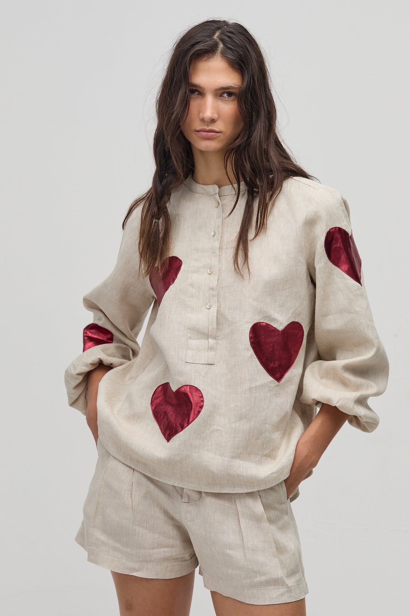 Cupid Linen Shirt - Natural with Metallic Cherry Hearts