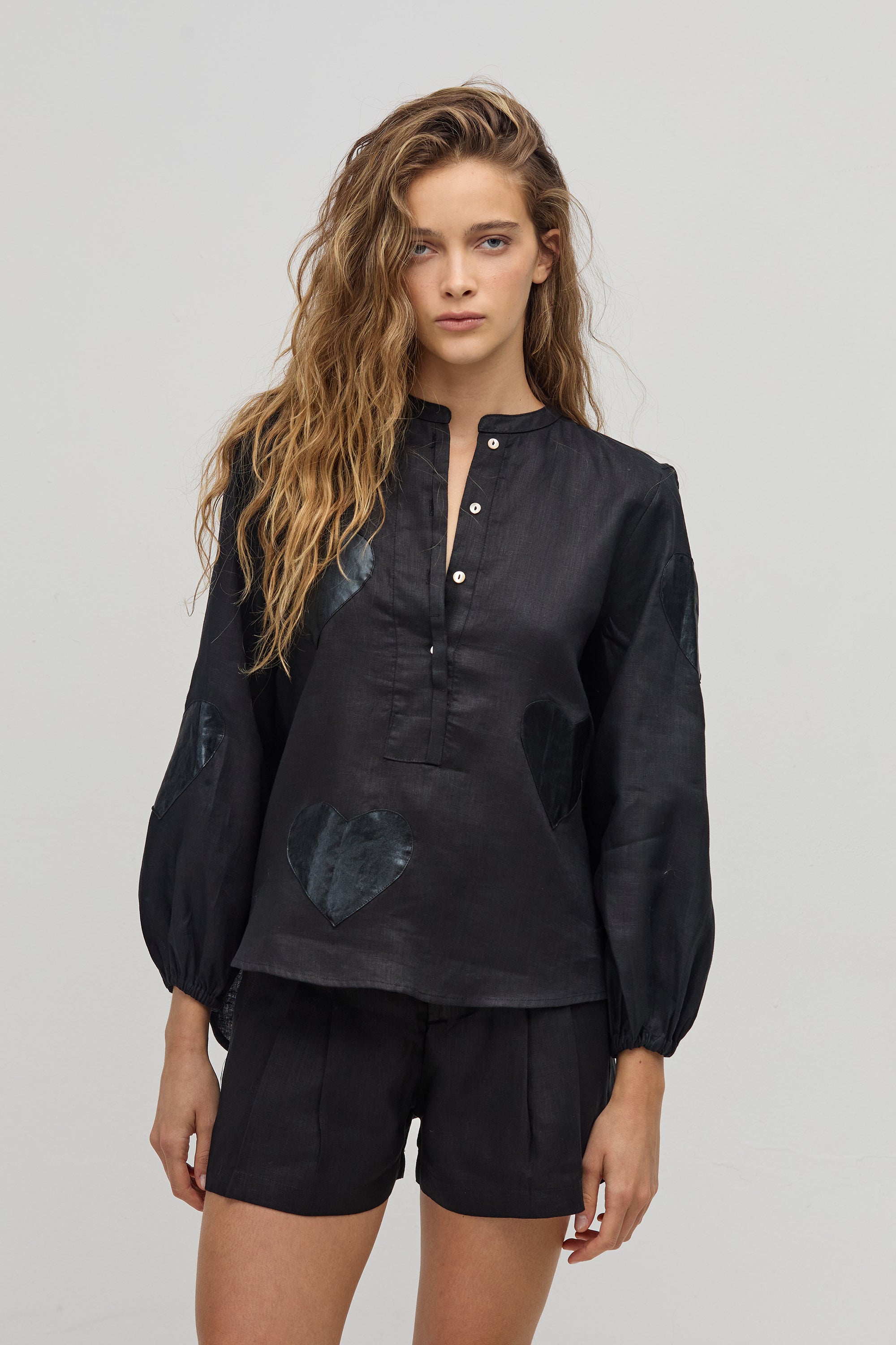 Cupid Linen Shirt - Black with Metallic Black Hearts – Lanhtropy