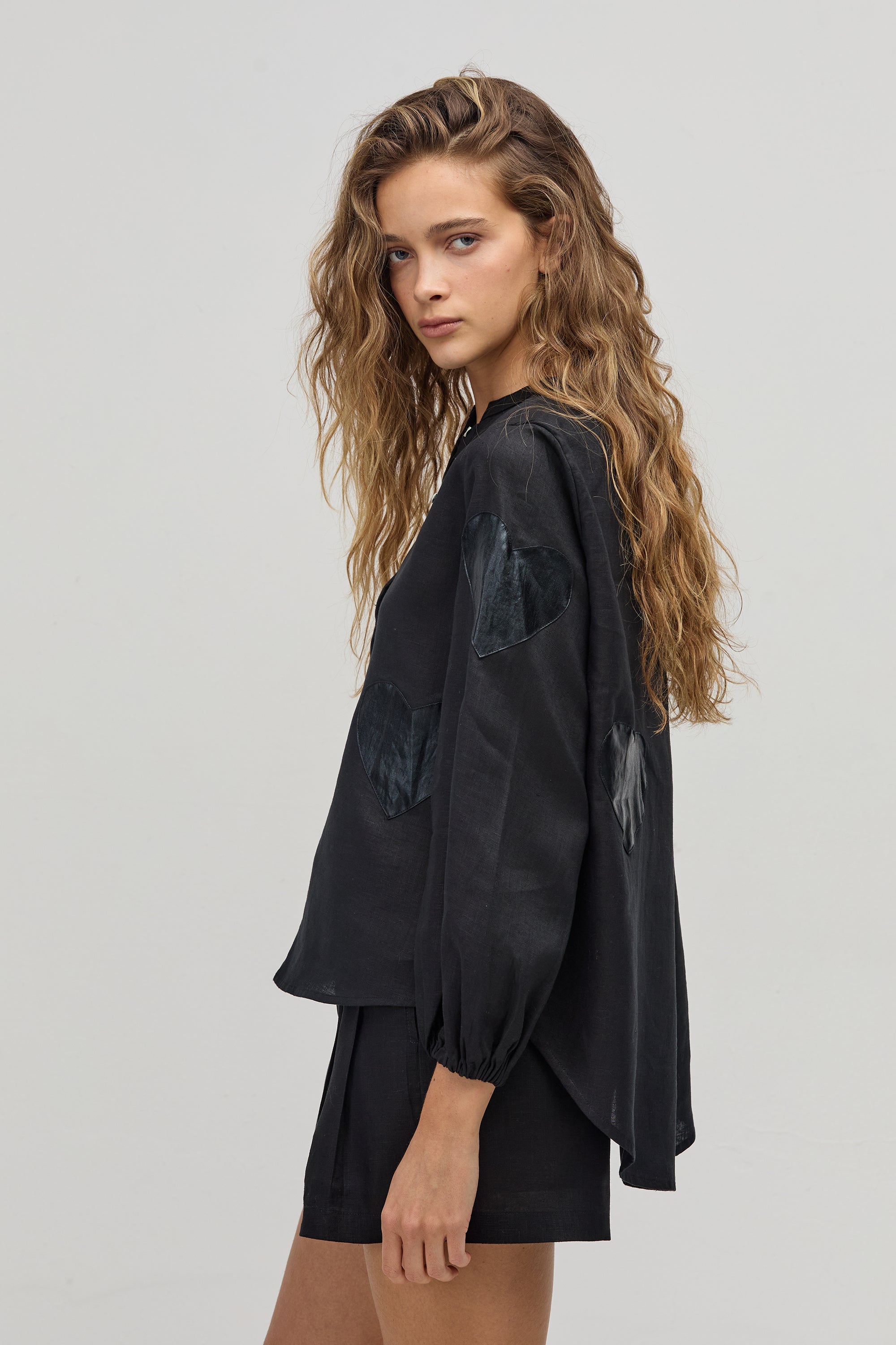 Cupid Linen Shirt - Black with Metallic Black Hearts – Lanhtropy