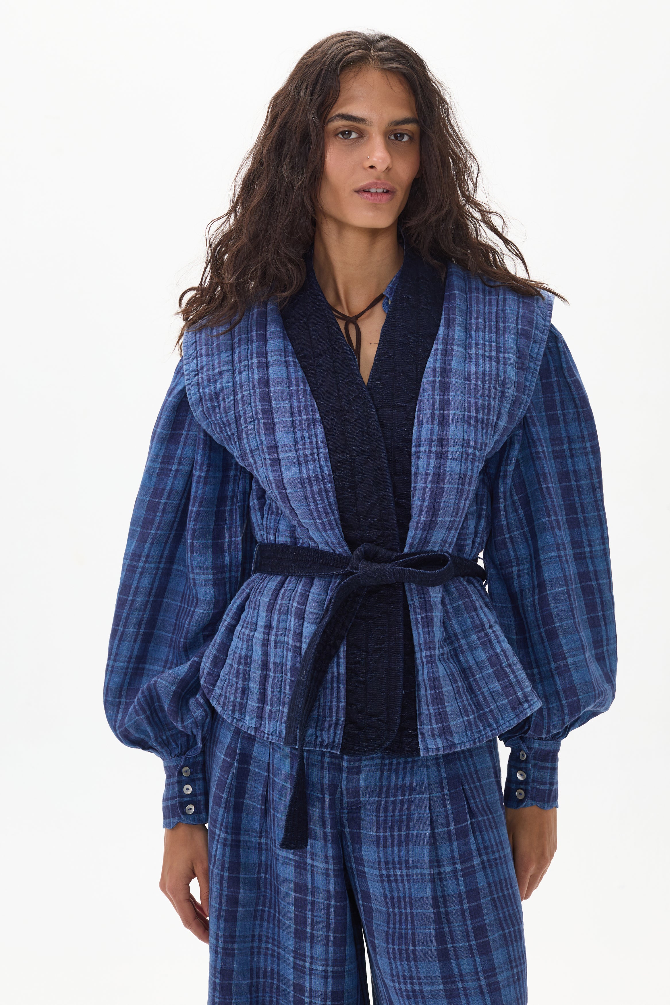 Smith Linen and Denim Vest - Ocean Checks with Navy Roses Denim – Lanhtropy