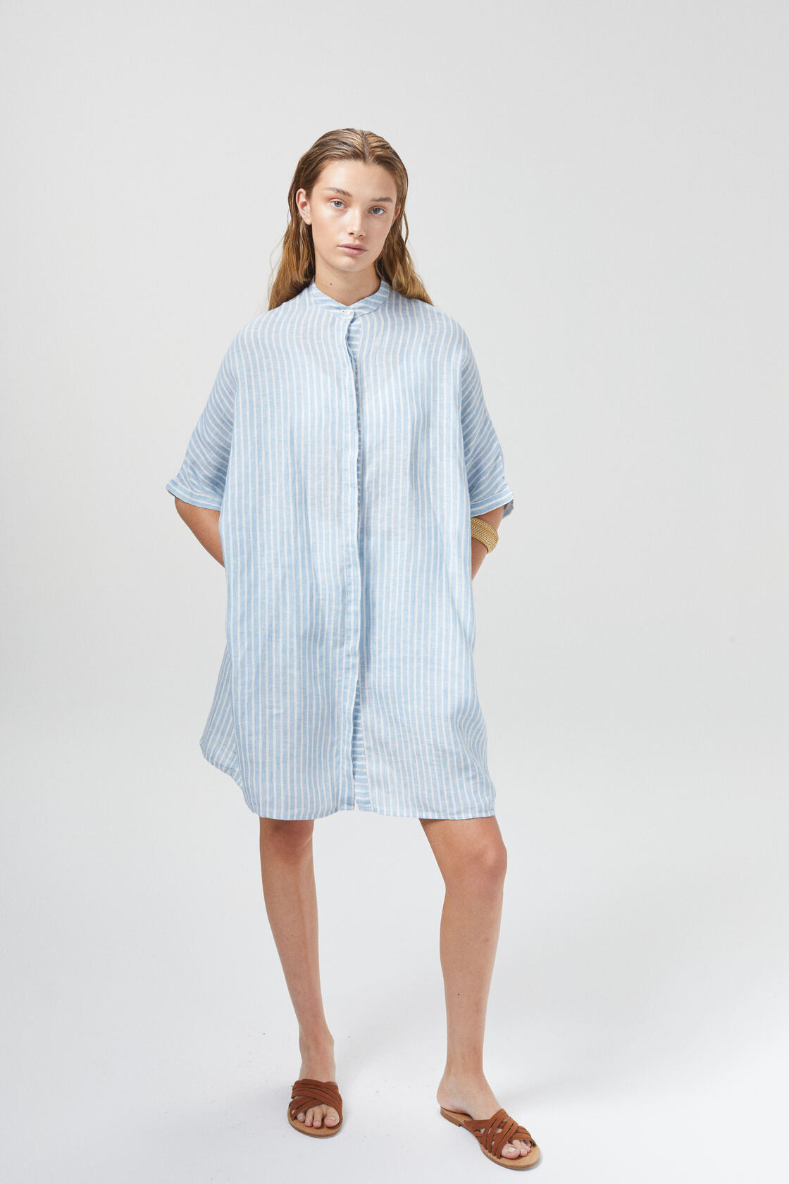 Lighthouse Linen Shirt Dress - Light Blue / White Stripes