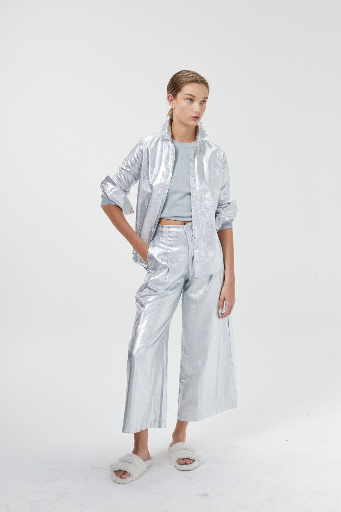 Culotte Metallic Linen Pants - New Silver