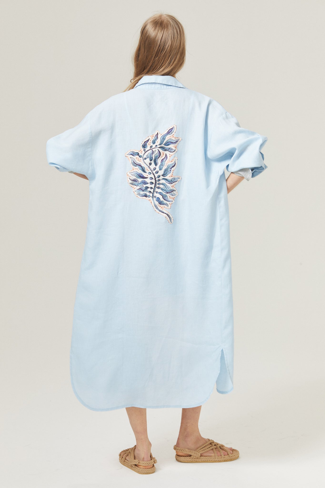 Flora Linen Dress - Sky Blue with Contrasting Details