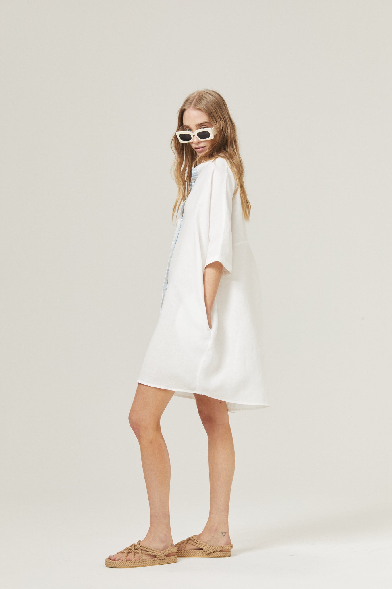 Lighthouse Linen Shirt Dress - Off White with Contrasting Details