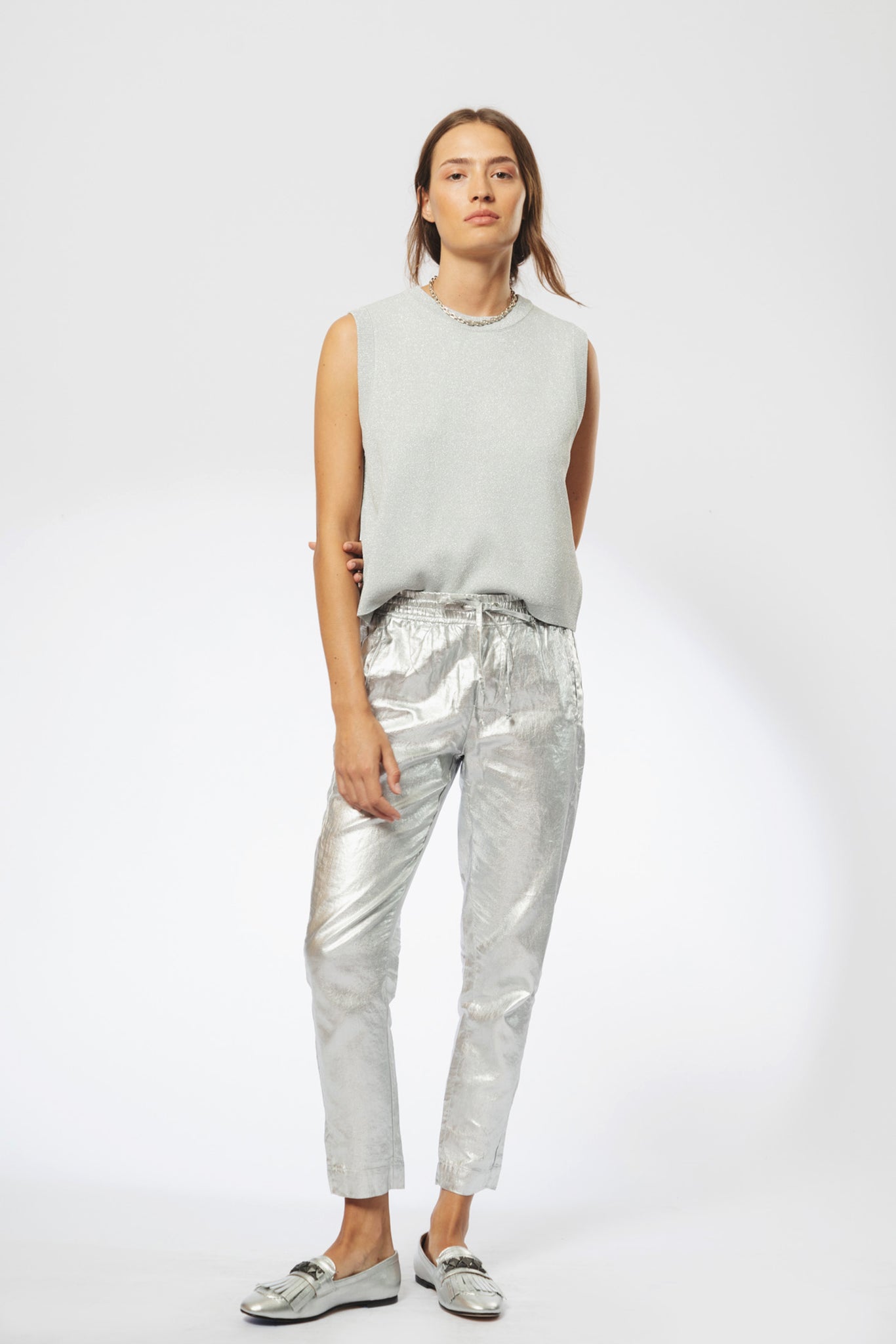 Lotus Metallic Linen Jogger Pants - Silver