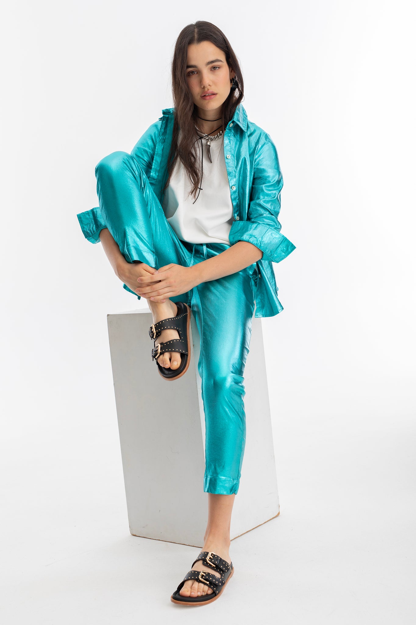 Lotus Metallic Linen Jogger Pants - Turquoise