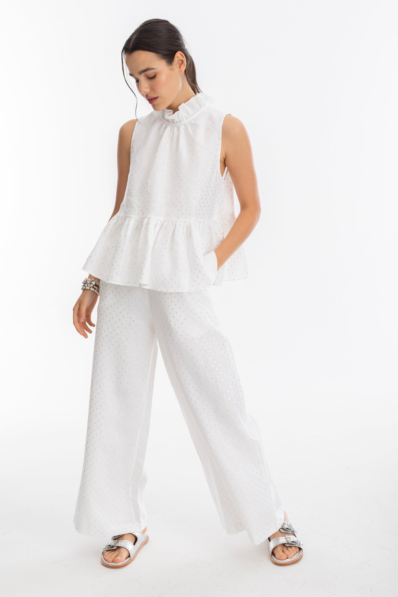 Cape Linen Pants - White with Silver