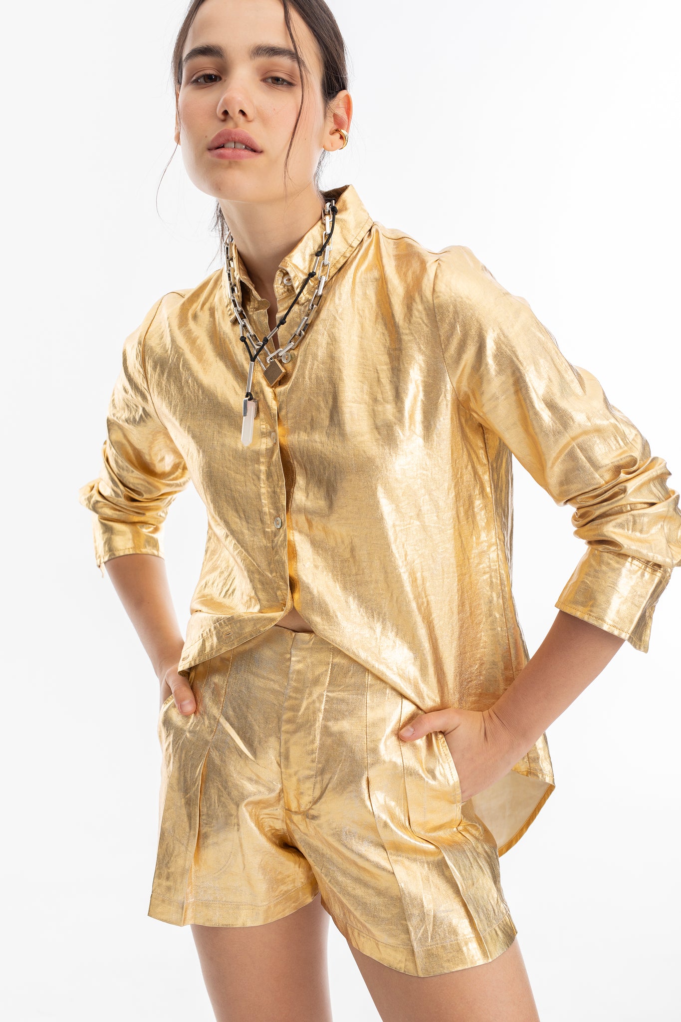 Frida Metallic Linen Shorts - Gold