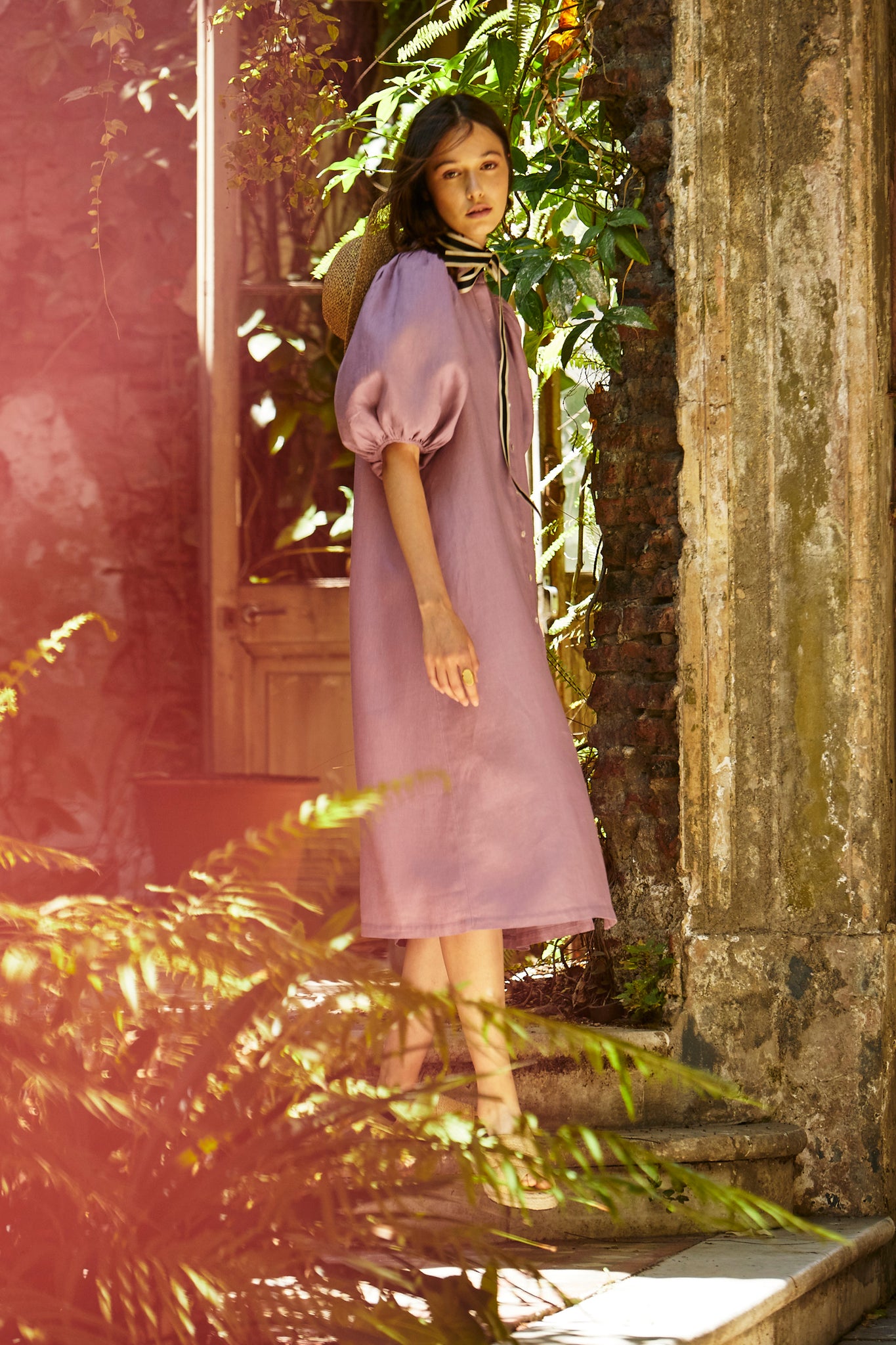 Bubble Linen Dress - Bright Lilac with Contrasting Details