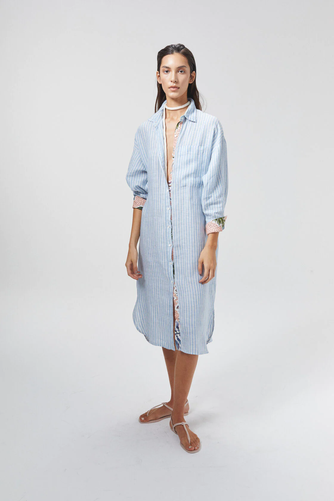 Island Linen Midi Dress - Light Blue and White Stripes with Contrasting Details