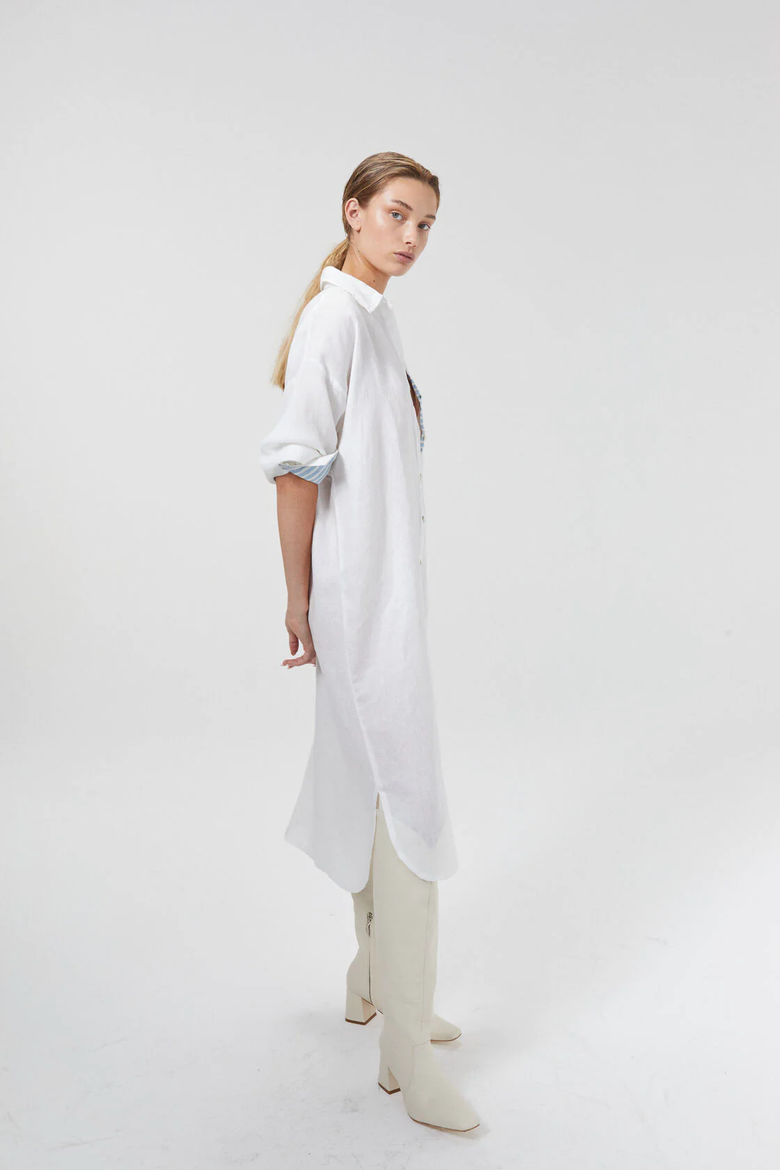 Island Linen Midi Dress - Off-White with Contrasting Details