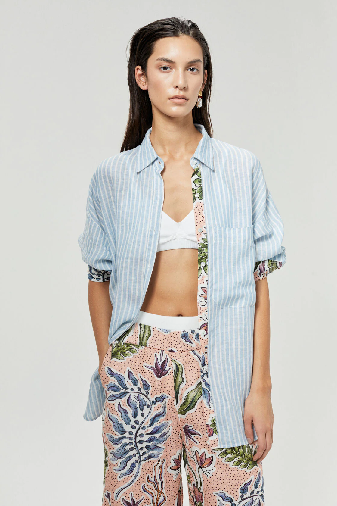 Island Linen Shirt - Light Blue and White Stripes with Contrasting Details