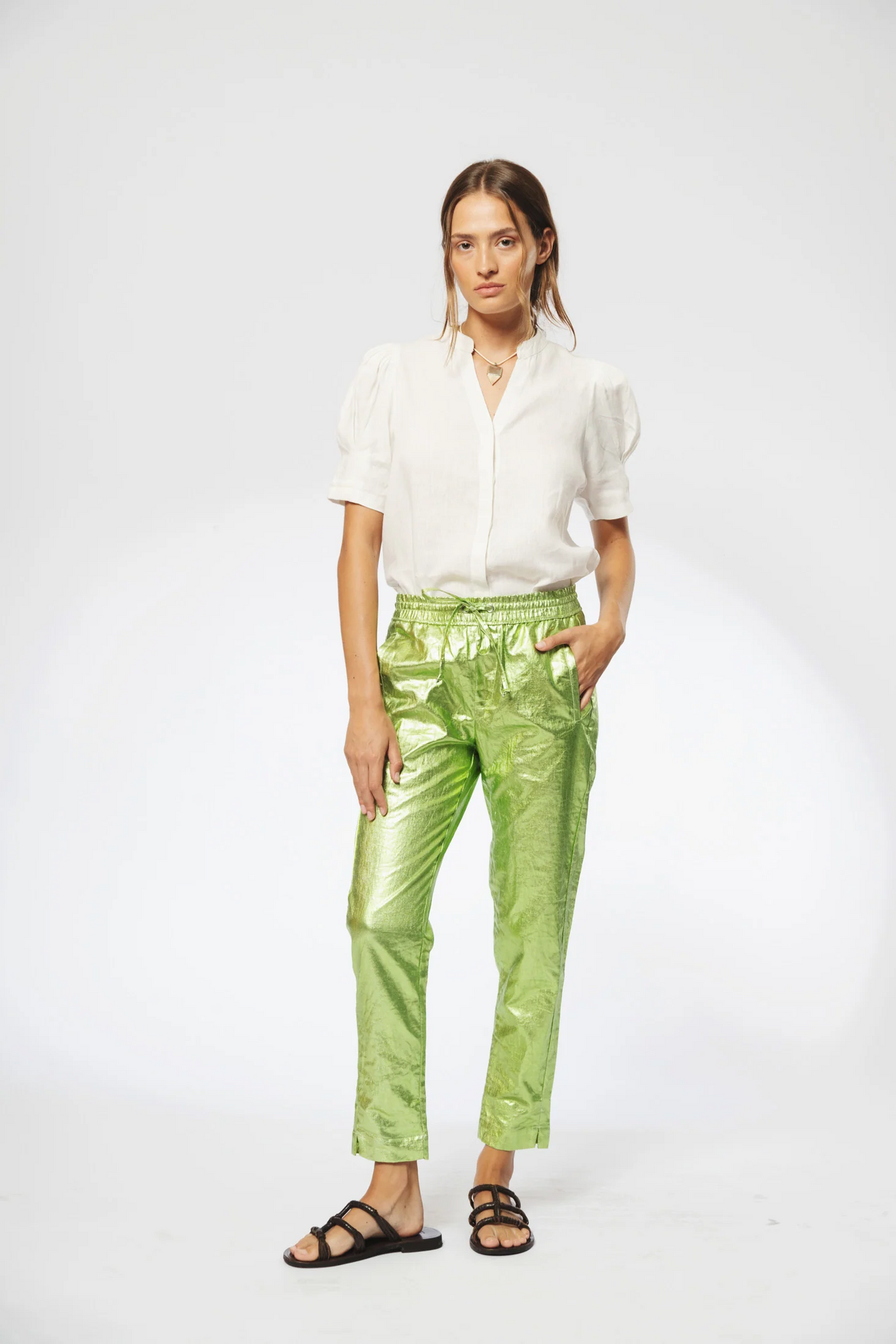 Lotus Metallic Linen Jogger Pants - Lime