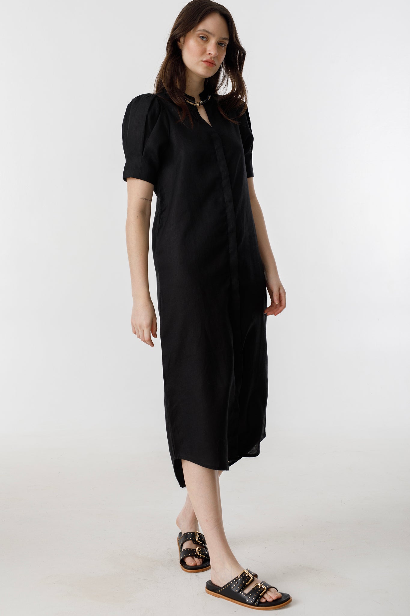 Athina Midi Linen Dress - Black