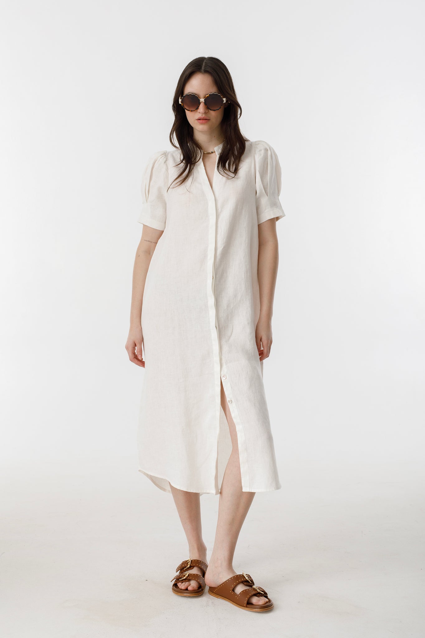 Athina Midi Linen Dress - Off-White