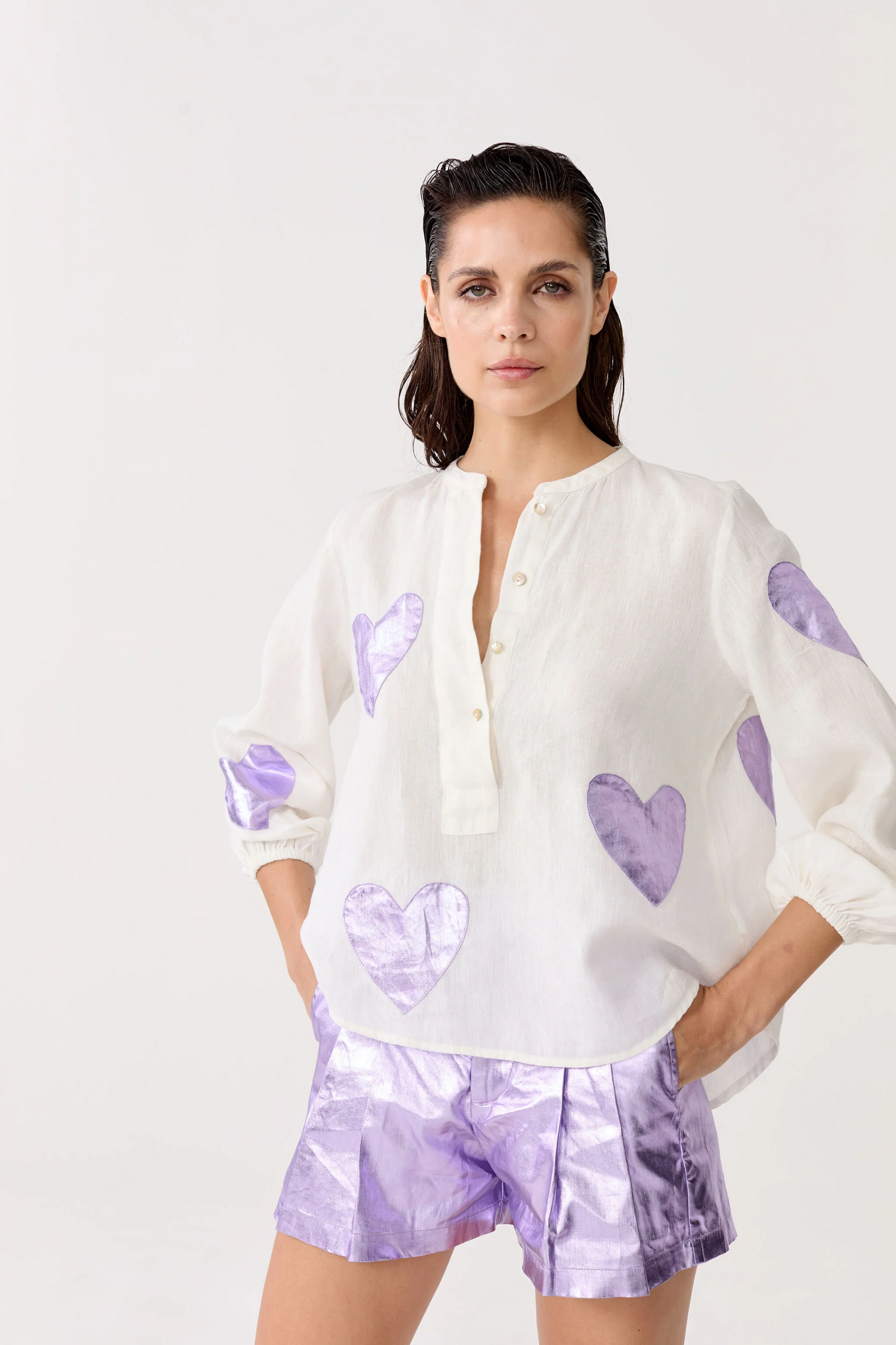 Cupid Linen Shirt - Off-white with Metallic Violet Hearts