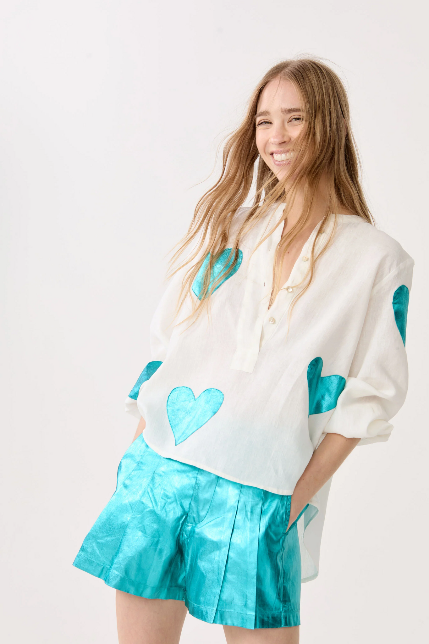 Cupid Linen Shirt - Off-white with Metallic Turquoise Hearts