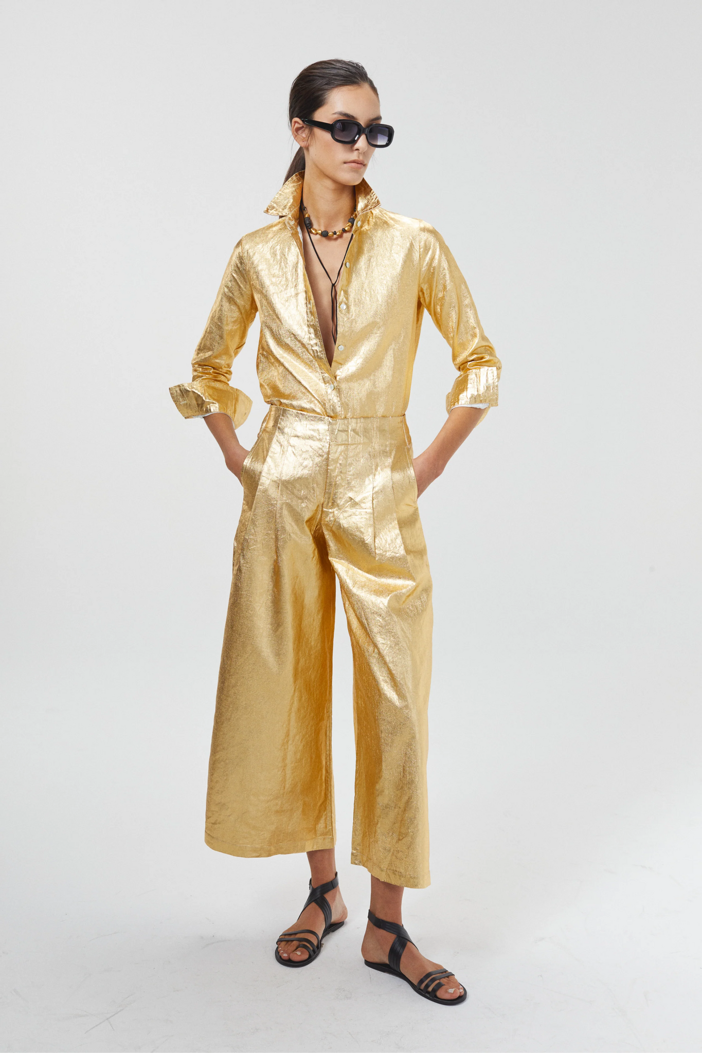 Culotte Metallic Linen Pants - Gold