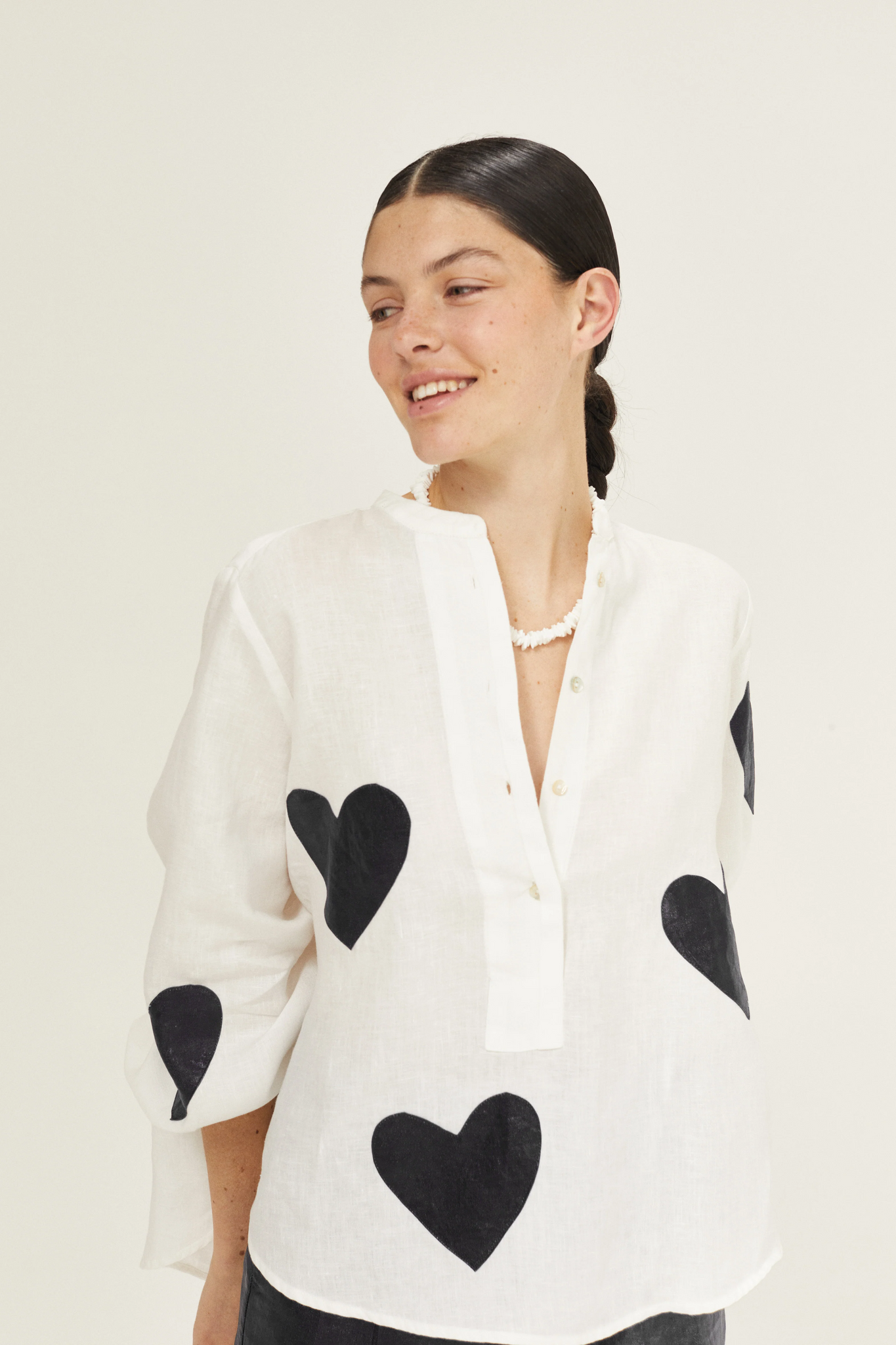 Cupid Linen Shirt - Off-White with Metallic Black Hearts
