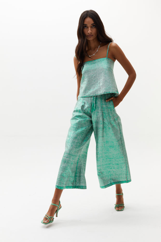 
                  
                    Culotte Metallic Linen Pants - Emerald Green
                  
                