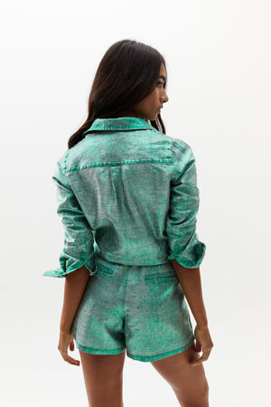 
                  
                    Frida Metallic Linen Shorts - Emerald Green
                  
                