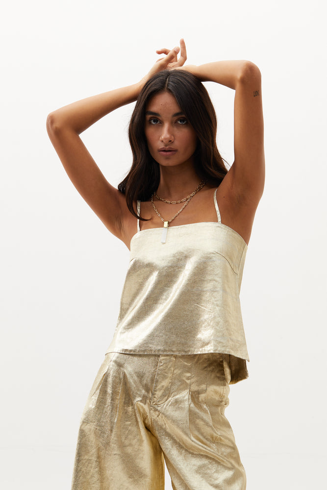 
                  
                    Mar Metallic Linen Top - Gold
                  
                