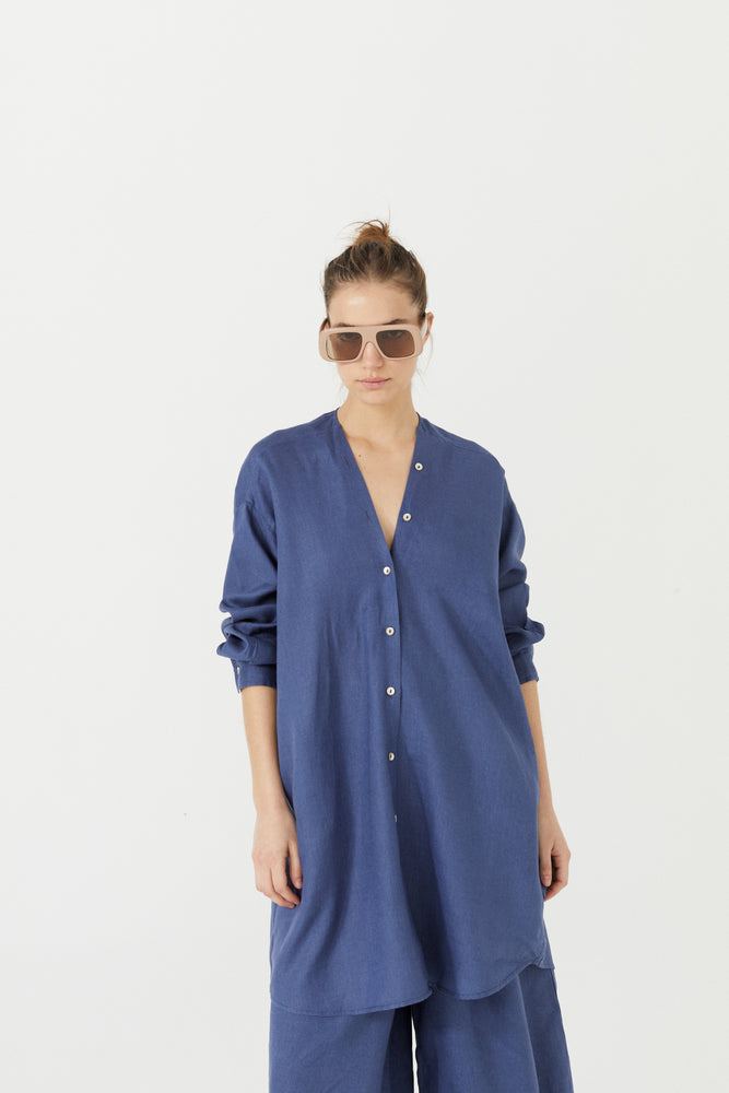 Exuma Linen Shirt Dress - Deep Blue