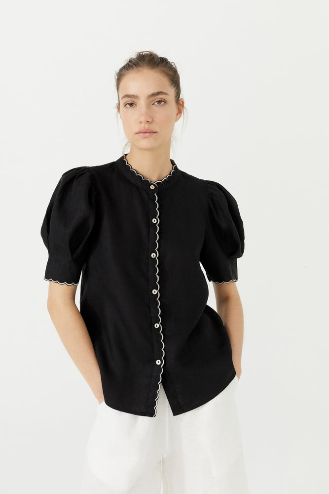 Scallop Linen Shirt - Black