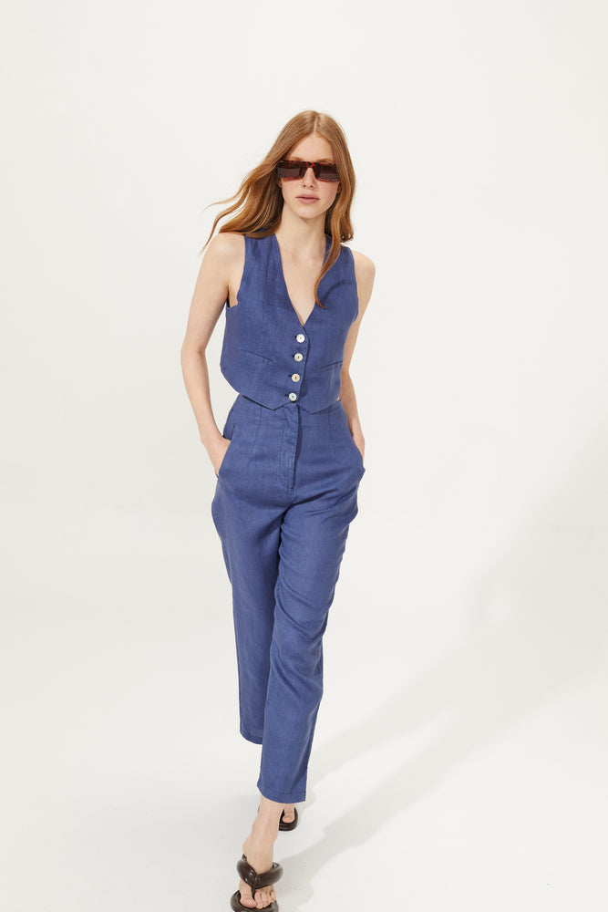 Texas Linen Pant - Deep Blue with Gold